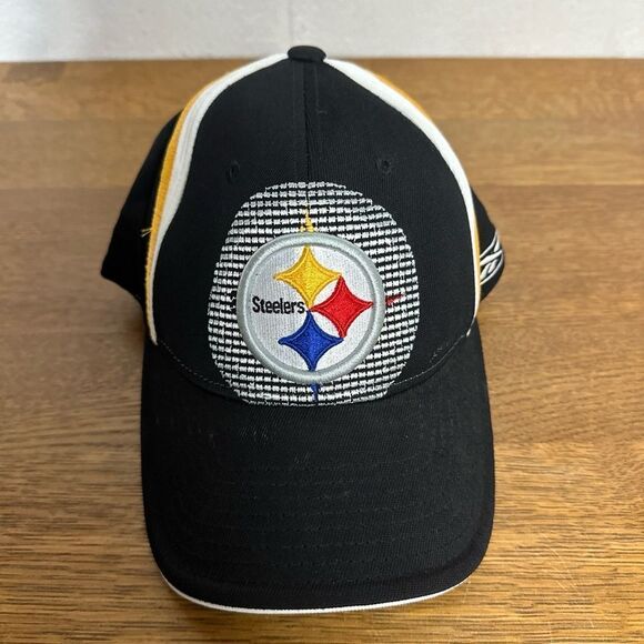 Pittsburgh Steelers Hat Mens Reebok Stretch Fit Baseball Cap OSFA Black Logo - Picture 1 of 6